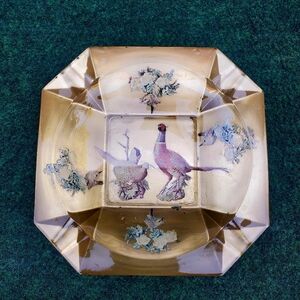 VTG Large Octagonal Glass Ashtray With Ringneck Pheasants Cigar 4 Slot 2lb